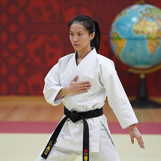 Asian Woman Practicing Karate in Dojo