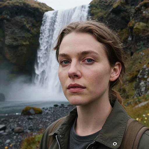 Photograph of a fair-skinned woman with brown hair and blue eyes, wearing a green jacket, standing in front of a cascading waterfall in a