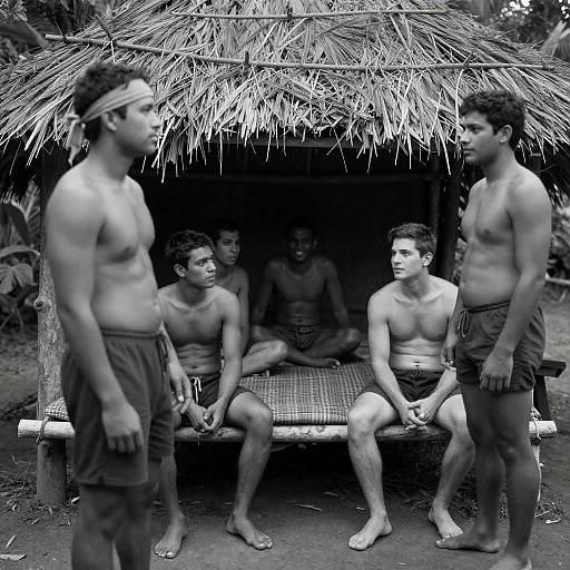 Black-and-White Thatched-Hut Group Portrait