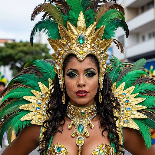 Photograph of a Latina woman in an elaborate Carnival costume with gold star-shaped accessories, green feathers, and turquoise gems, wearing a regal headpiece