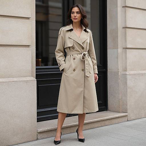 Photograph of a confident woman with wavy dark hair, wearing a beige trench coat, black high heels, and standing in front of a beige stone