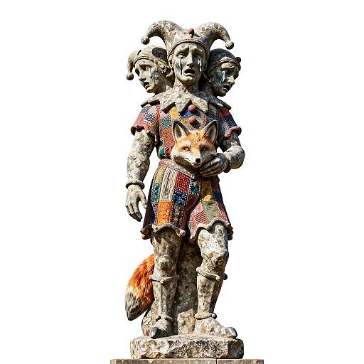 Stone statue of a fox-headed, multi-faced, medieval-style figure with colorful plaid cloak, wearing boots and holding a staff, against white background.