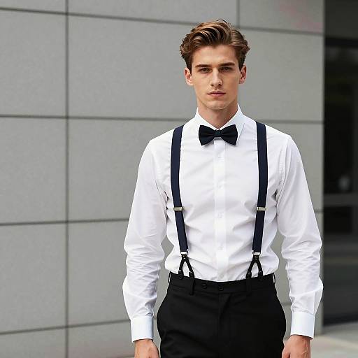 Stylish man in white shirt with suspenders and bow tie