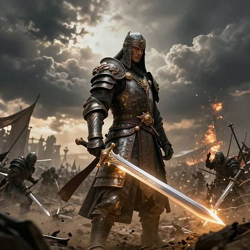 Digital art of a fierce armored warrior holding a glowing sword, standing amidst a chaotic battlefield with dark clouds and fire.