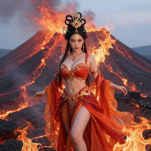 Digital artwork of a fiery, red-cloaked, Asian woman with large breasts, ornate headdress, and jewelry, standing before a volcano with