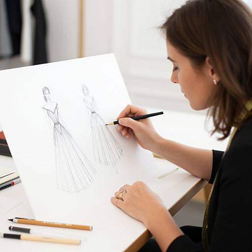 Photograph of a woman with brown hair, wearing a black top, drawing a sketch of a dress on white paper with black ink pen, surrounded by
