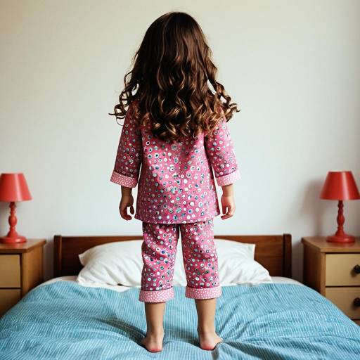 Little Girl in Pink Pajamas Standing on Bed