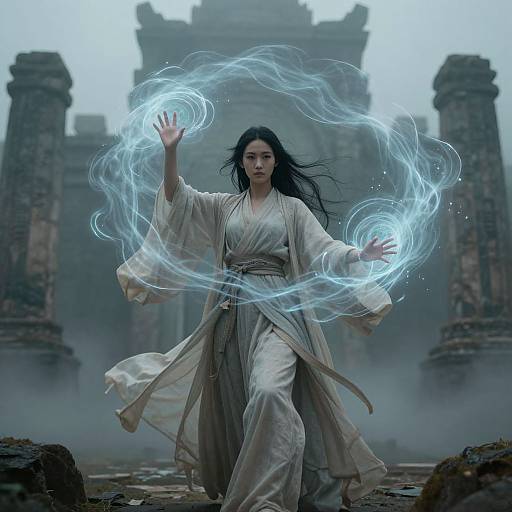 Digital artwork of an Asian woman with long black hair in a white robe, conjuring blue ethereal energy circles in a misty, ancient ruins setting