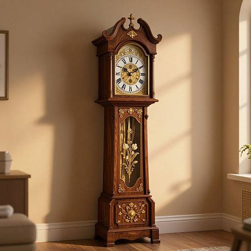Photograph of an ornate, vintage wooden grandfather clock with gold floral carvings, standing in a sunlit room with beige walls.