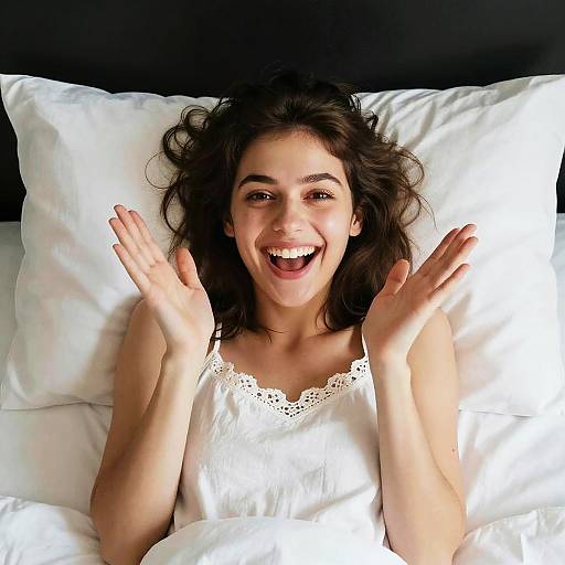 Photograph of a smiling young woman with wavy dark hair, wearing a white lace-trimmed nightgown, lying in bed with white pillows