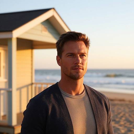 Photograph of a handsome, short-haired man with a trimmed beard, wearing a gray shirt and black cardigan, standing in front of a beach hut
