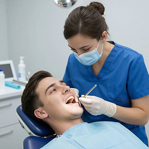 Photograph of a female dentist with dark hair in a bun, wearing blue scrubs and a mask, cleaning a young man's teeth in a dental
