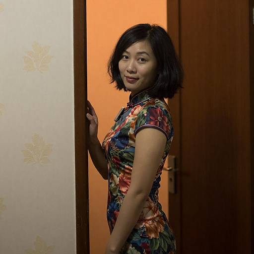 Asian Woman in Floral Cheongsam Doorway