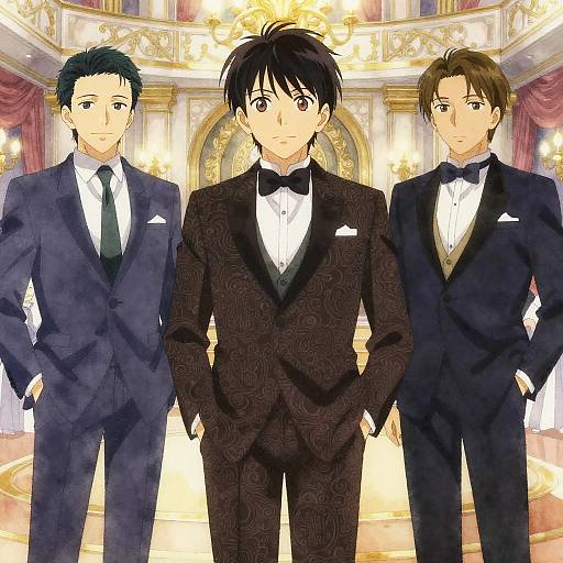 Anime-style drawing of three men in black tuxedos with bow ties, standing in an opulent, gold-accented room, centered on