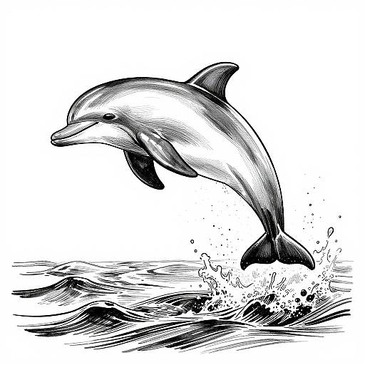Black-and-white ink drawing of a dolphin leaping out of choppy ocean waves, with detailed splashes and textured water.
