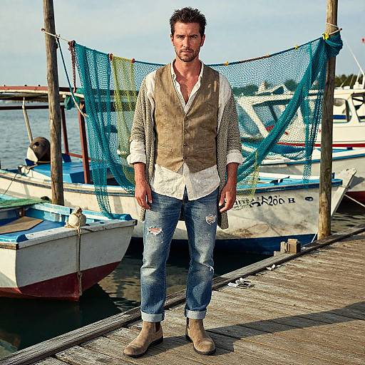 Photograph of a rugged, bearded man in a beige vest, white shirt, and distressed jeans, standing on a wooden dock with fishing boats and