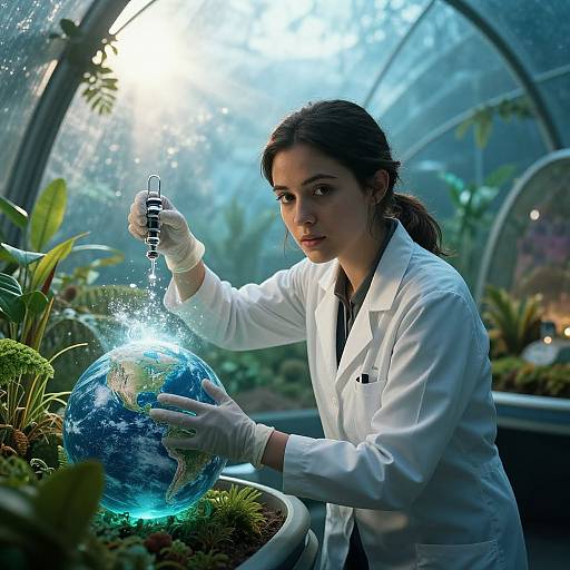 Photograph of a young woman in a white lab coat, wearing gloves, holding a test tube over a glowing Earth globe in a lush, sunlit