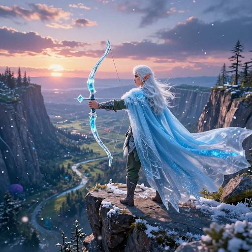 Digital fantasy art: White-haired elf archer with glowing blue bow, standing on snowy cliff, overlooking majestic valley at sunset.