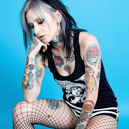 Tattooed Woman with Black-and-Silver Hair