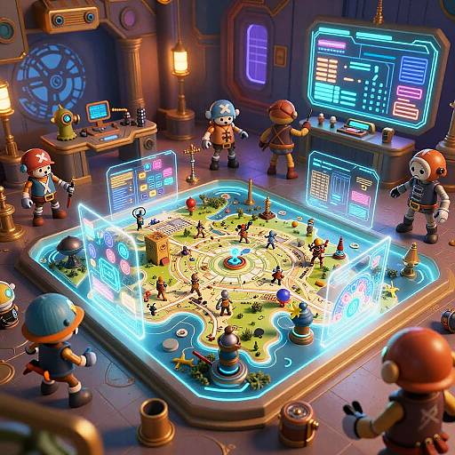 Digital CGI image of a futuristic, neon-lit tabletop game with LEGO-style characters playing in a glowing, sci-fi themed room.