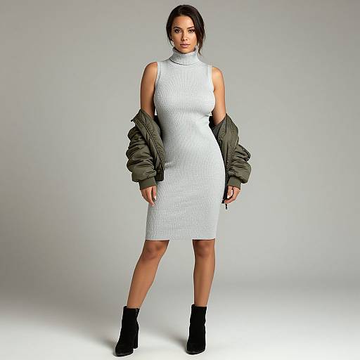 Photograph of a confident woman with dark hair, wearing a sleeveless white ribbed dress, green jacket off her shoulders, and black ankle boots,