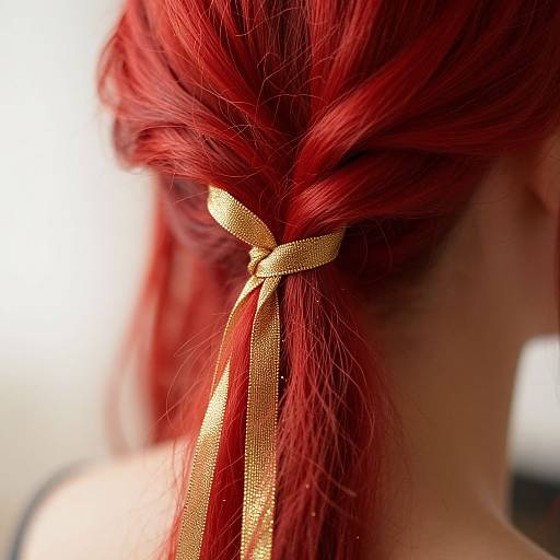 Close-up photograph of a person's vibrant red hair tied in a low ponytail with a shimmering gold ribbon, soft white background.