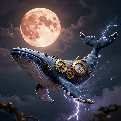 Digital art of a blue whale with gears and clocks, flying under a bright full moon, surrounded by dark clouds and lightning.