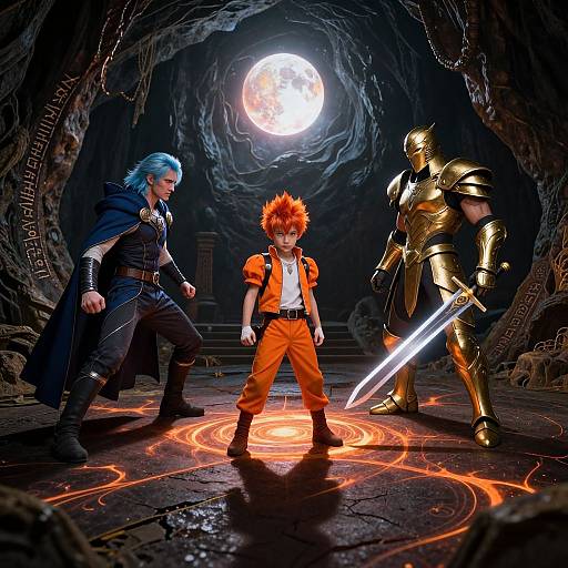 Digital artwork of a cavern showdown: orange-haired boy in orange pants stands centered, flanked by blue-haired man in dark cloak and golden armored warrior with