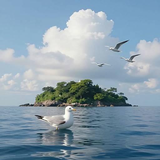 Photograph of a white seagull floating on calm blue ocean, with a small green island and fluffy white clouds in the background, and three se