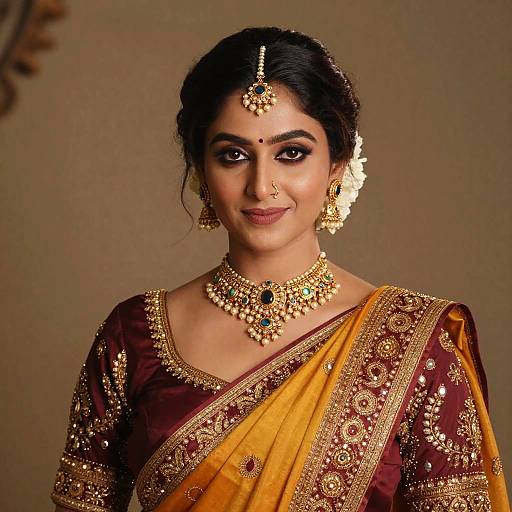 Photograph of an Indian woman with dark hair in a bun, wearing a gold and maroon embroidered saree, traditional jewelry, and a bindi