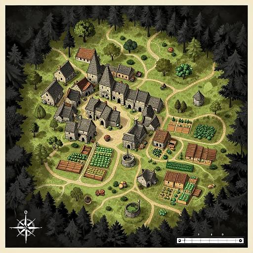 Aerial digital illustration of a medieval village with gray-roofed houses, gardens, and winding paths surrounded by a dark forest.