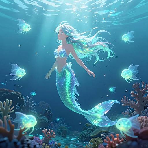 Digital art of a glowing, silver-scaled mermaid with flowing white hair, surrounded by luminescent fish, amidst vibrant underwater corals.