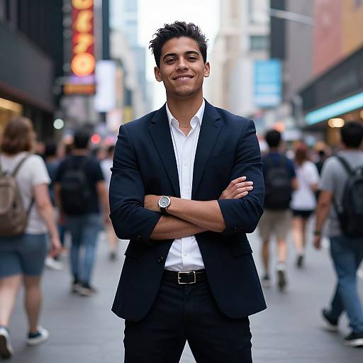 Photograph of a smiling, young, dark-haired man in a black suit and white shirt, standing confidently with arms crossed in a bustling city street with