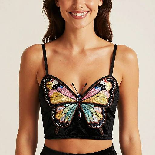 Photograph of a smiling woman with light brown skin, wearing a black crop top with colorful, embroidered butterfly design on the chest.
