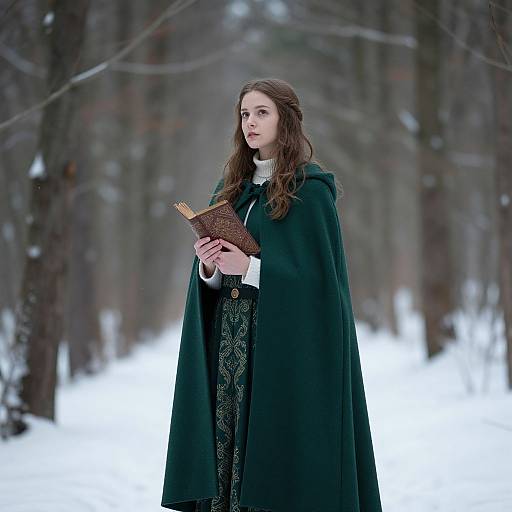 Photograph of a young woman with long brown hair, wearing a dark green cloak, holding a book, standing in a snowy forest.