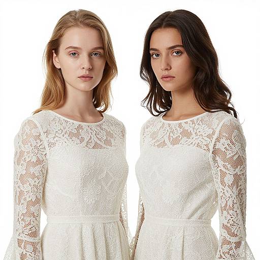 Photograph of two women with light skin, one blonde and one brunette, wearing white lace long-sleeve dresses against a plain white background.