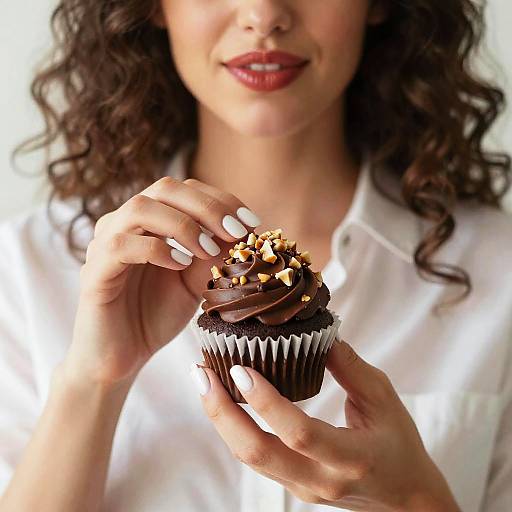 Photograph of a woman with curly brown hair, red lipstick, and white shirt, holding a chocolate cupcake with swirled frosting and chopped nuts