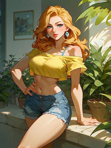 Woman in Yellow Crop Top and Denim Shorts