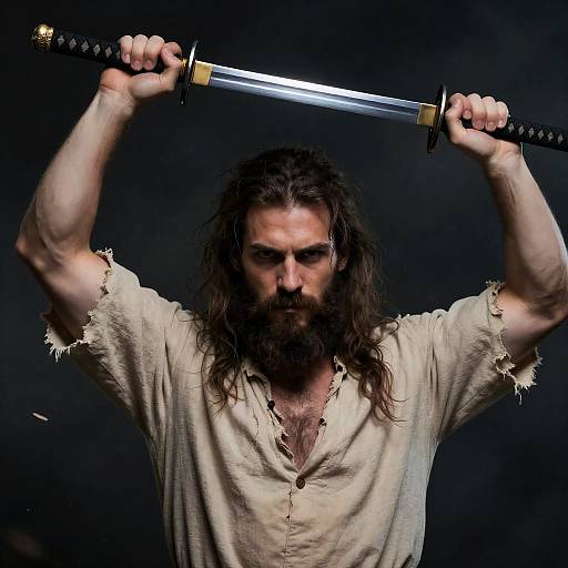 Intense Bearded Warrior with Katana