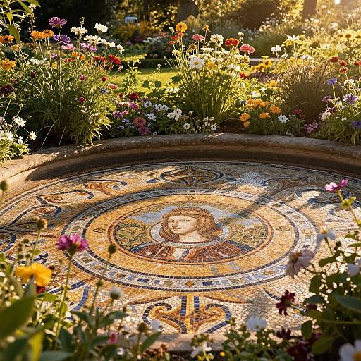 Photograph of a sunlit garden with vibrant flowers surrounding a circular mosaic featuring a serene, haloed woman's face in intricate tile work.