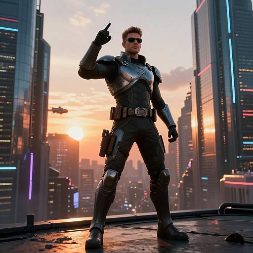 CGI image of a muscular, suave superhero with sunglasses, black armored suit, and tactical gear, pointing upward in a neon-lit, futuristic
