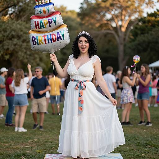Photograph of a curly-haired woman in a white dress and tiara, holding a 