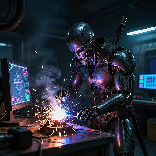 Photorealistic digital art of a shiny, metallic humanoid robot welding sparks, illuminated by blue and purple lights in a dark, industrial workshop.