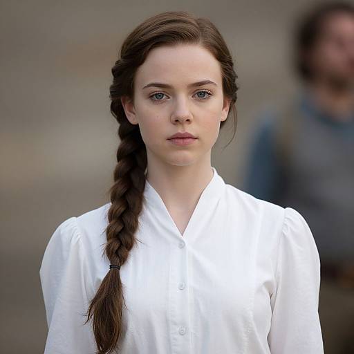 Photograph of a young woman with fair skin, blue eyes, and long dark brown braid, wearing a white button-up shirt, against a blurred