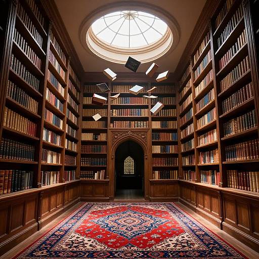 Photograph of a grand library with tall wooden bookshelves, a large round skylight, floating book lights, and a rich red patterned