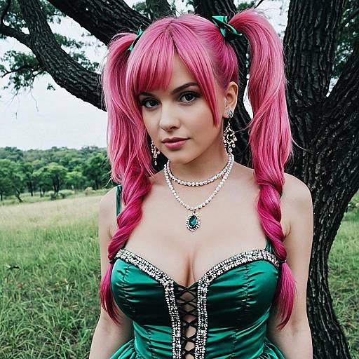 Woman in Green Dress with Pink Twin Tails Outdoors