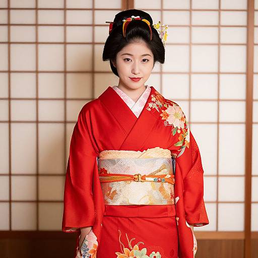 Traditional Japanese Woman in Red Kimono
