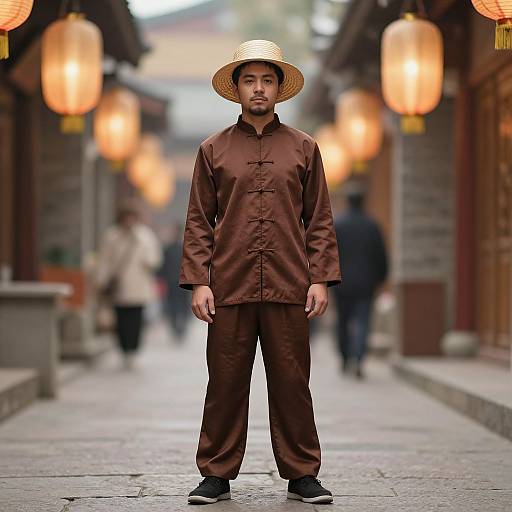 Male in Chinese Takeaway Costume Outdoors