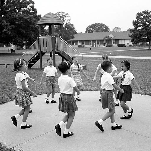 Black-and-white photograph of six young girls in school uniforms, playing on a concrete playground, with a climbing structure in the background.