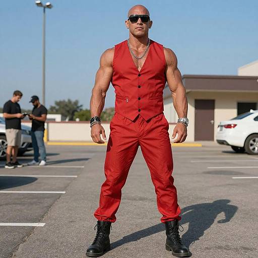 Photograph of a muscular bald man in a red sleeveless vest and pants, black boots, sunglasses, and silver chains, standing confidently in a sunny